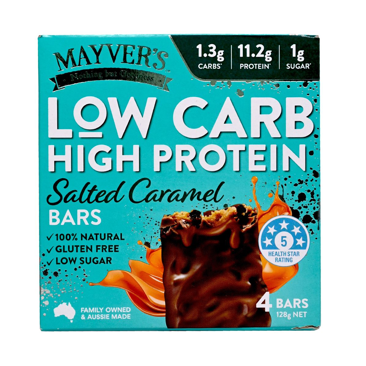澳洲 Mayver's 低碳水化合物 高蛋白 海鹽焦糖能量棒 128g (4條) 100%天然 | 無麩質 | 澳洲製造