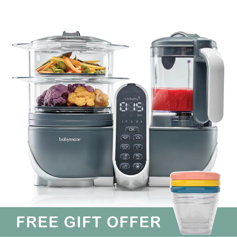 French Babymoov Nutribaby (+) 6-in-1 Steaming and Cooking Food Blender - Industrial Gray (Free Gift: Babybols Food Storage Bowl x3) Steaming, blending, thawing, sterilizing bottles and warming milk, heating food