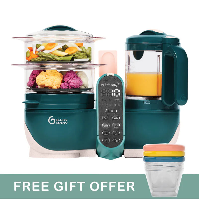 French Babymoov Nutribaby (+) 6-in-1 Steaming and Cooking Food Blender - Emerald Green (Free Gift: Babybols Food Storage Bowl x3) Steaming, blending, thawing, sterilizing bottles and warming milk, heating food
