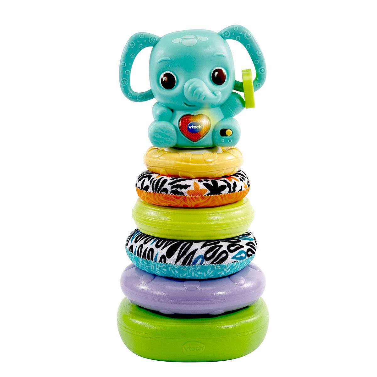 VTech Baby Elephant Musical Ring Toss (6-36 months) Five textured plastic and fabric ring tosses are perfect for children to touch and stack.