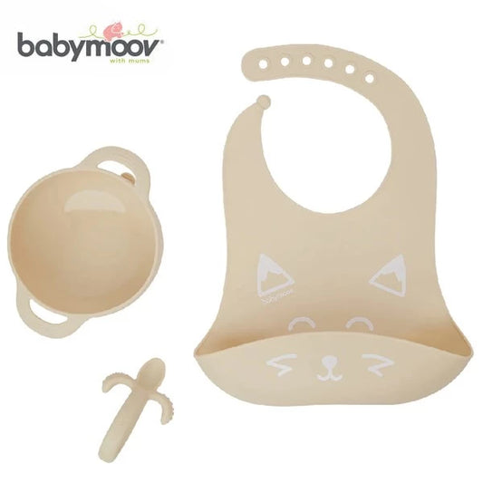 法国Babymoov First'Isy 矽胶喂食组3件(围兜/ 碗/ 匙) 适合6个月或以上