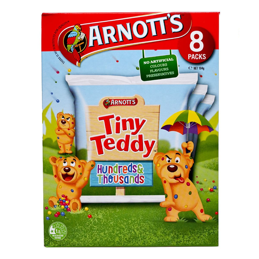 澳洲 Arnott's Tiny Teddy 盒裝小熊餅乾 184g (8小包) 獨立包裝，方便攜帶 | 不含人工色素、香精或防腐劑