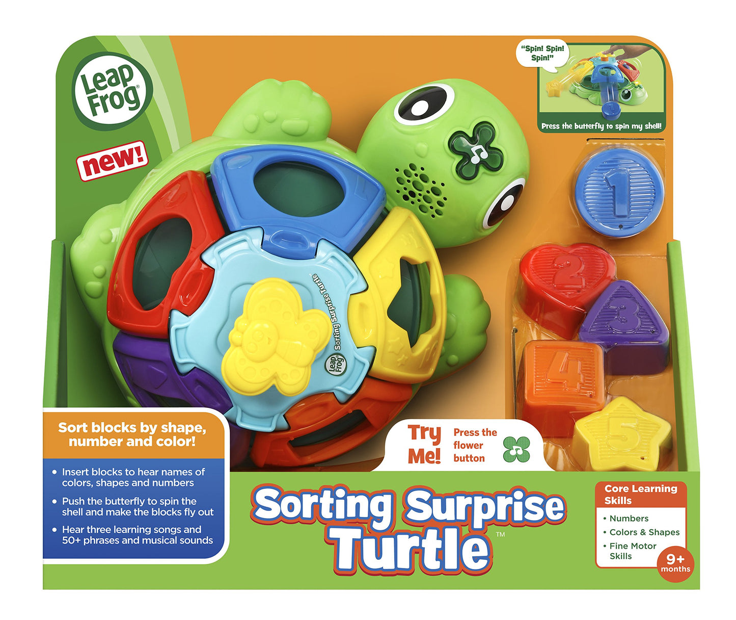 Leap Frog Spinning Turtle (9-36 months) Matching the bricks to the shaped holes in the shell introduces five different shapes 