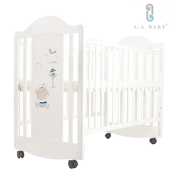 LA Baby European-Style Wooden Crib #15010 - White (Includes Seahorse Mattress) 3-Adjustable Heights | L125.7 x W66 x H104cm