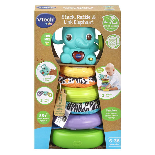 VTech Baby Elephant Musical Ring Toss (6-36 months) Five textured plastic and fabric ring tosses are perfect for children to touch and stack. 